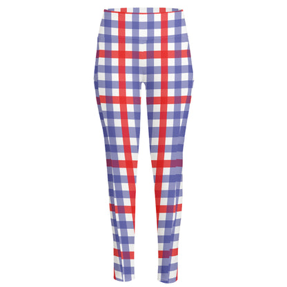 Blue Red And White Check Pattern Print High-Waisted Pocket Leggings