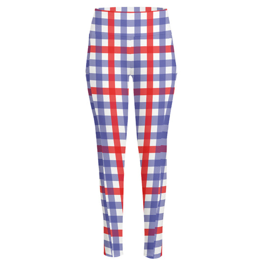 Blue Red And White Check Pattern Print High-Waisted Pocket Leggings