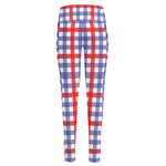 Blue Red And White Check Pattern Print High-Waisted Pocket Leggings