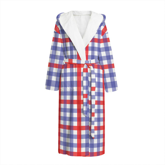 Blue Red And White Check Pattern Print Hooded Bathrobe