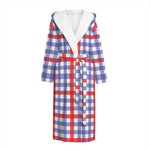 Blue Red And White Check Pattern Print Hooded Bathrobe