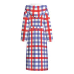 Blue Red And White Check Pattern Print Hooded Bathrobe