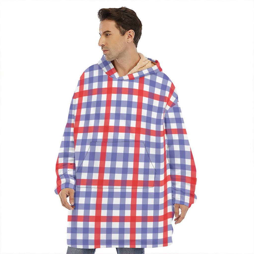Blue Red And White Check Pattern Print Hoodie Blanket