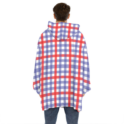 Blue Red And White Check Pattern Print Hoodie Blanket