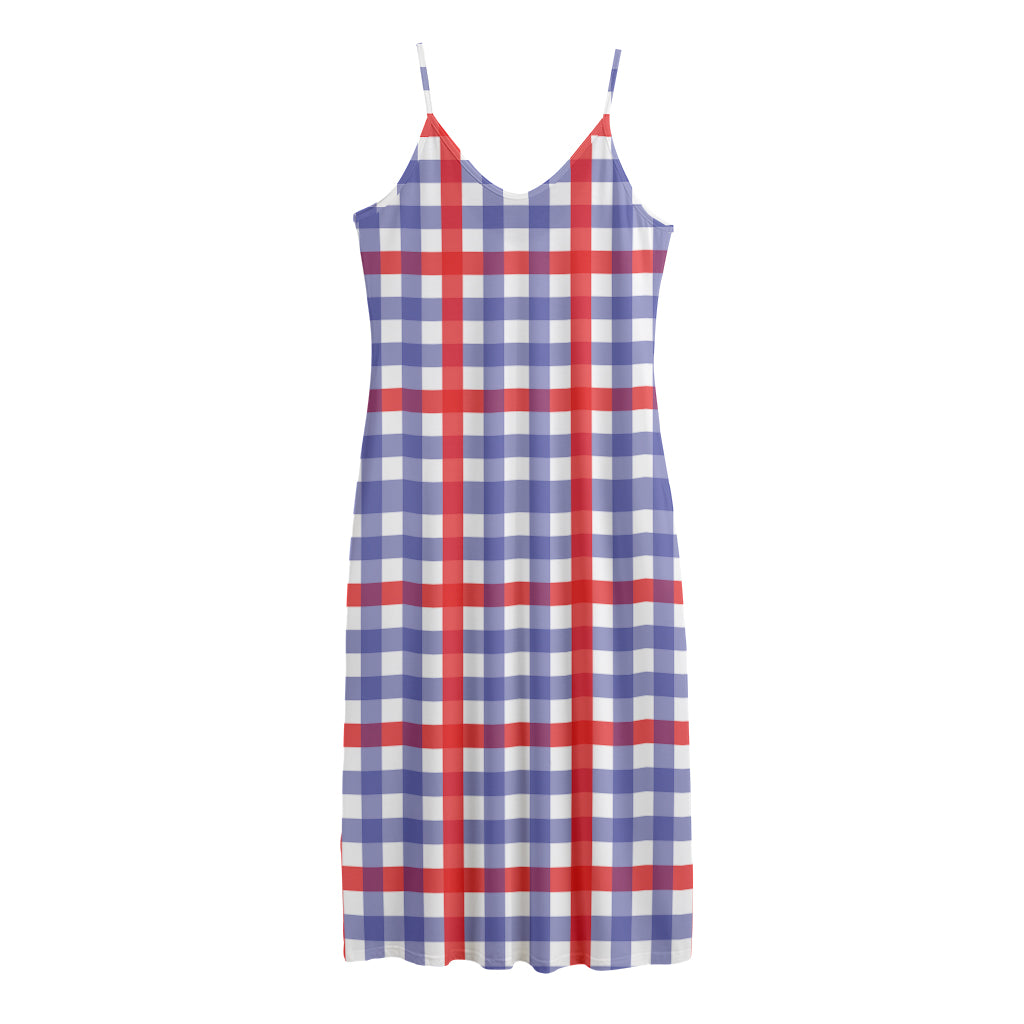 Blue Red And White Check Pattern Print Jersey Midi Cami Dress