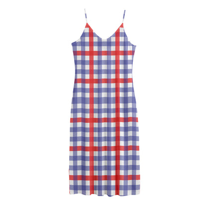 Blue Red And White Check Pattern Print Jersey Midi Cami Dress