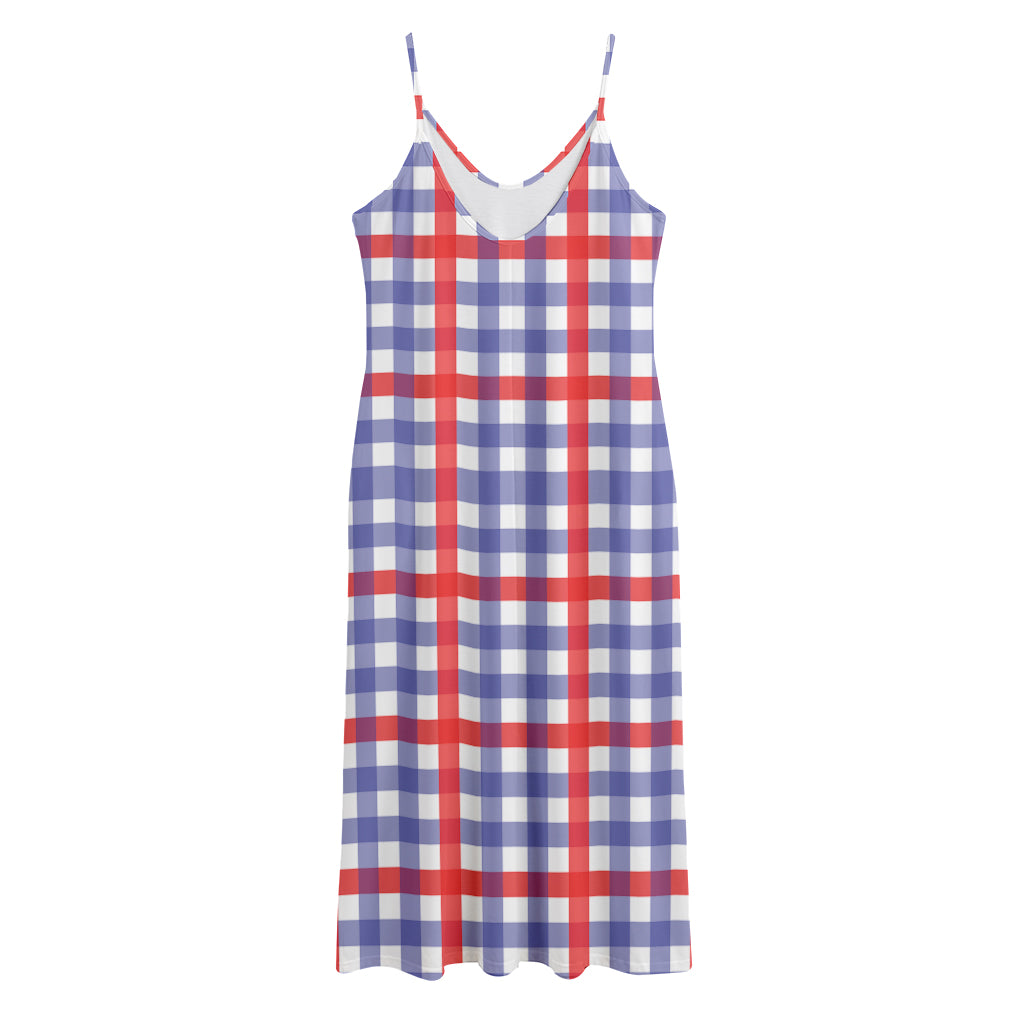 Blue Red And White Check Pattern Print Jersey Midi Cami Dress