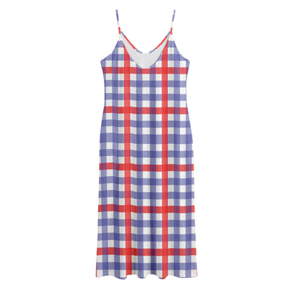 Blue Red And White Check Pattern Print Jersey Midi Cami Dress