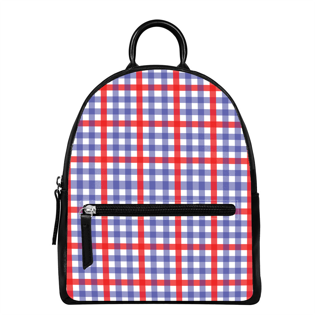 Blue Red And White Check Pattern Print Leather Backpack
