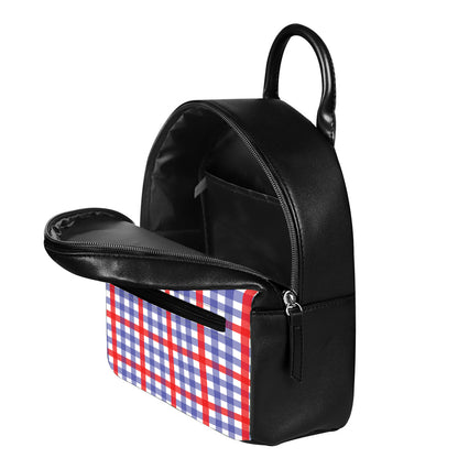 Blue Red And White Check Pattern Print Leather Backpack
