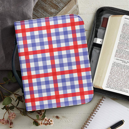 Blue Red And White Check Pattern Print Leather Bible Cover