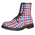 Blue Red And White Check Pattern Print Lace-Up Boots