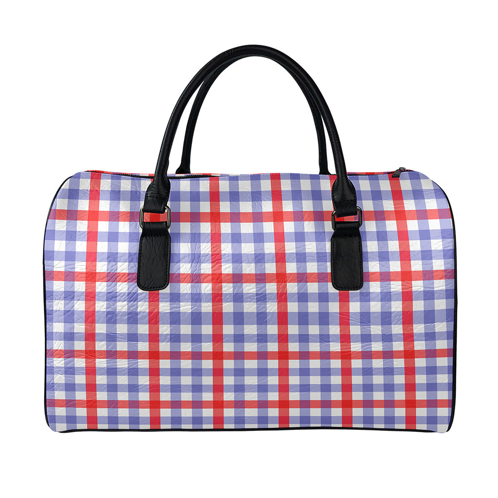 Blue Red And White Check Pattern Print Leather Duffle Bag