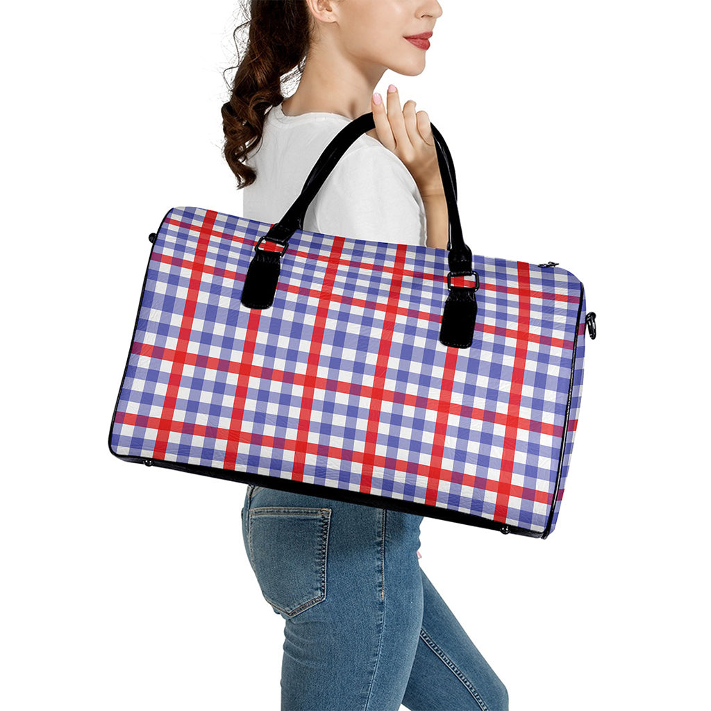 Blue Red And White Check Pattern Print Leather Duffle Bag