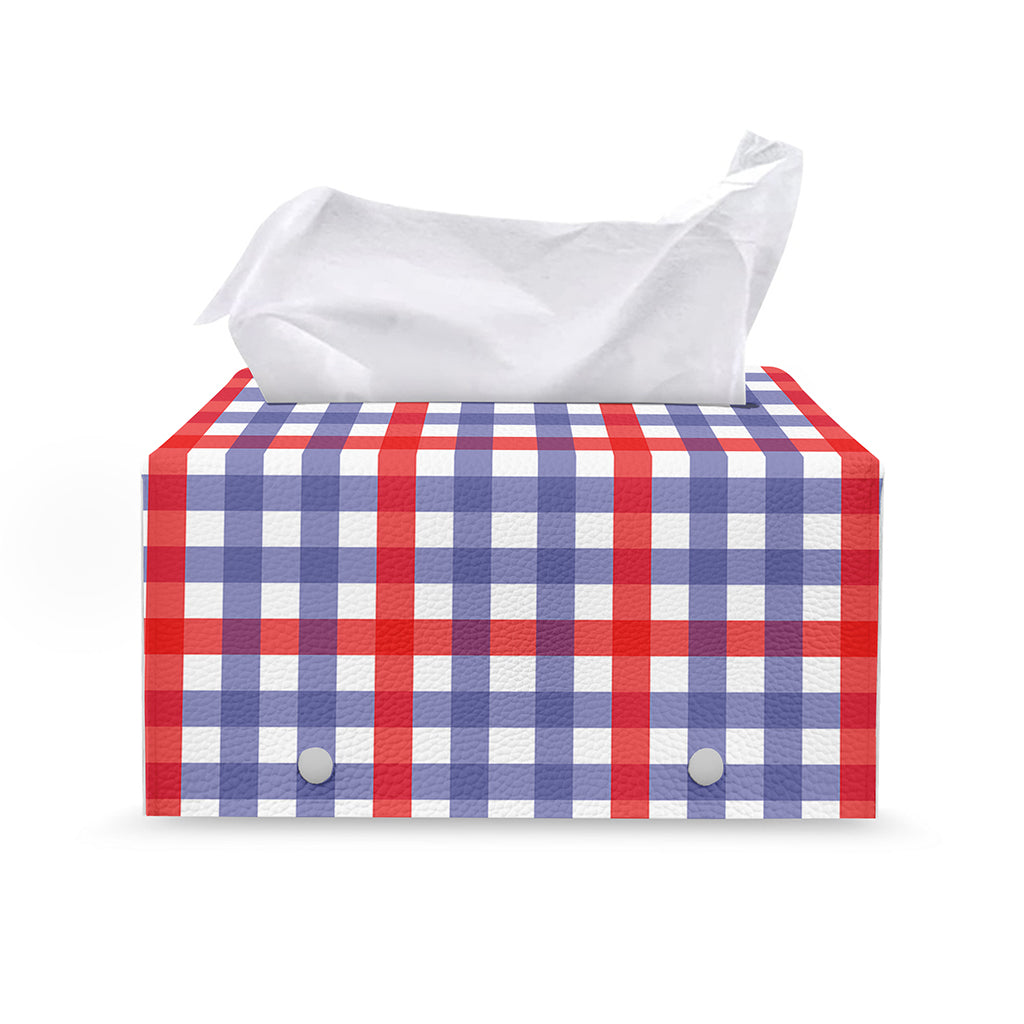 Blue Red And White Check Pattern Print Leather Tissue Box Cover