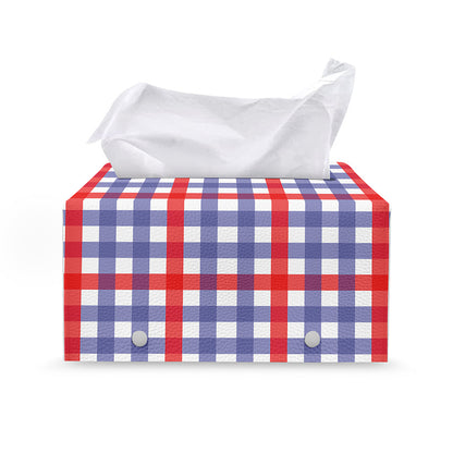 Blue Red And White Check Pattern Print Leather Tissue Box Cover