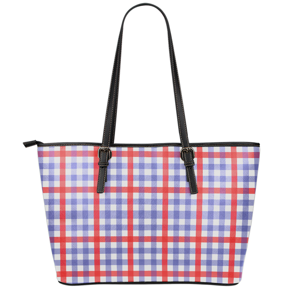 Blue Red And White Check Pattern Print Leather Tote Bag