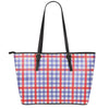 Blue Red And White Check Pattern Print Leather Tote Bag