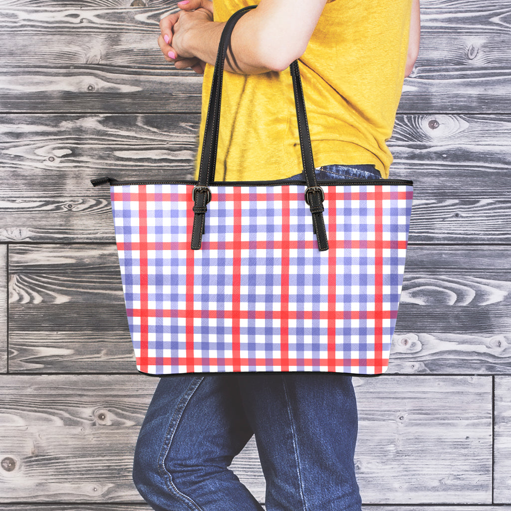 Blue Red And White Check Pattern Print Leather Tote Bag