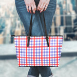 Blue Red And White Check Pattern Print Leather Tote Bag