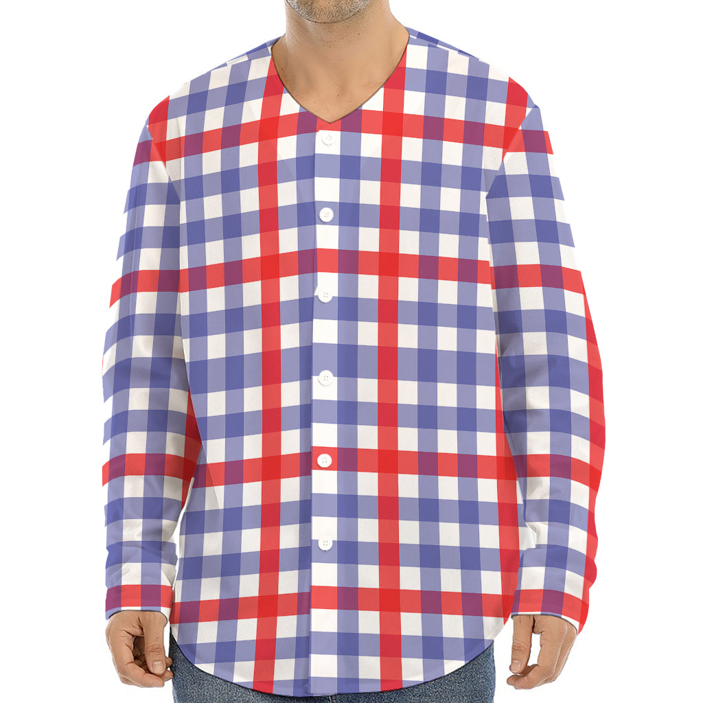 Blue Red And White Check Pattern Print Long Sleeve Baseball Jersey