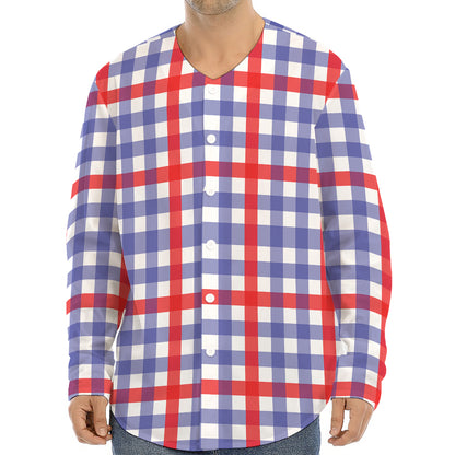 Blue Red And White Check Pattern Print Long Sleeve Baseball Jersey