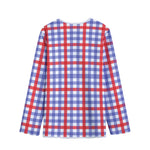 Blue Red And White Check Pattern Print Long Sleeve Short Coat