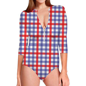 Blue Red And White Check Pattern Print Long Sleeve Swimsuit