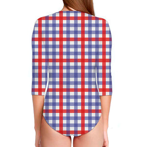 Blue Red And White Check Pattern Print Long Sleeve Swimsuit