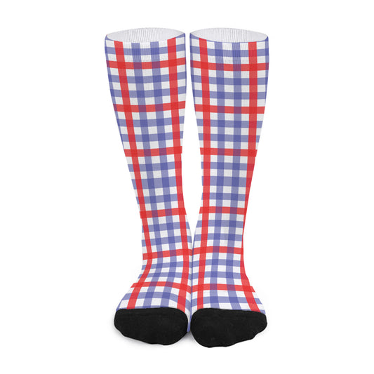 Blue Red And White Check Pattern Print Long Socks