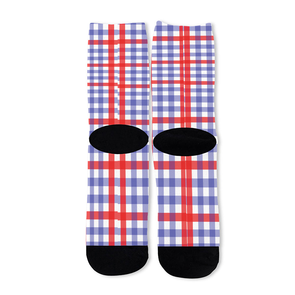 Blue Red And White Check Pattern Print Long Socks