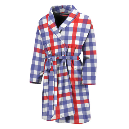 Blue Red And White Check Pattern Print Men's Bathrobe