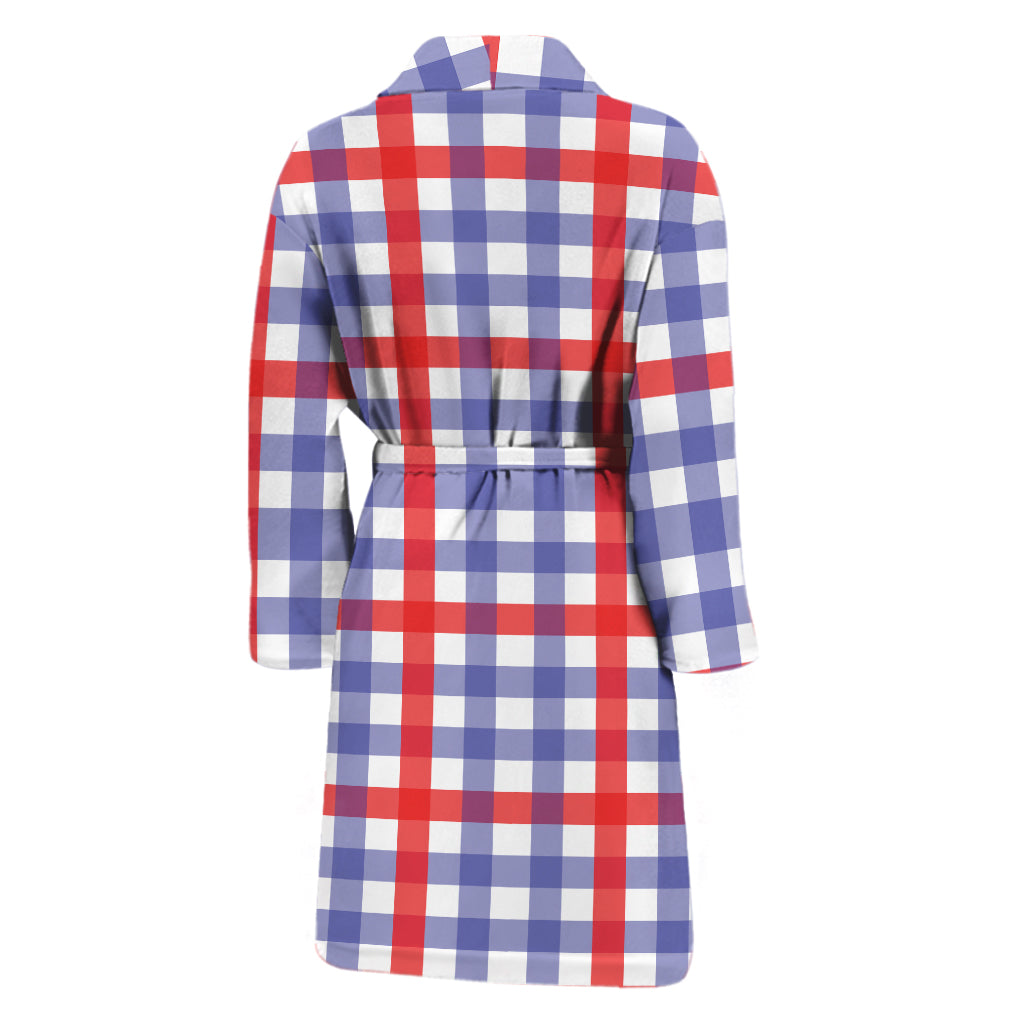 Blue Red And White Check Pattern Print Men's Bathrobe