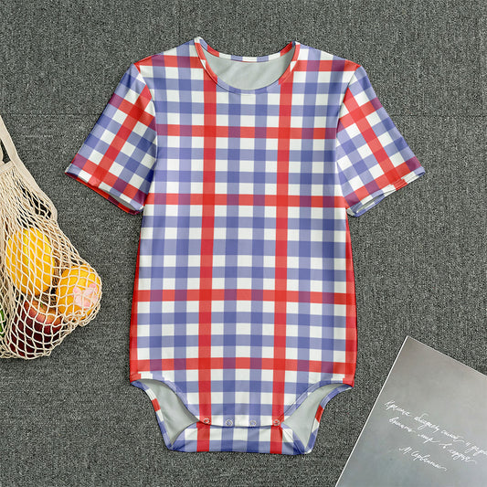 Blue Red And White Check Pattern Print Men's Bodysuit