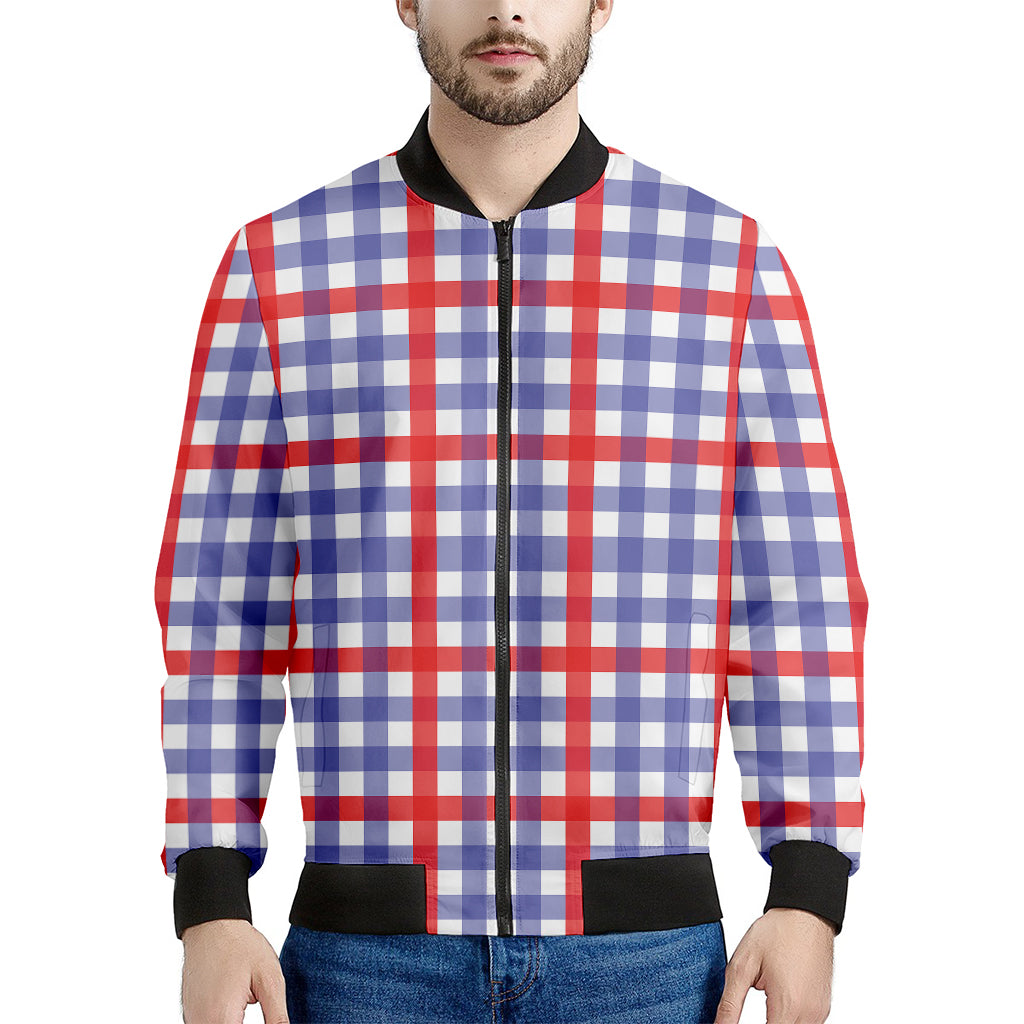 Blue Red And White Check Pattern Print Men's Bomber Jacket