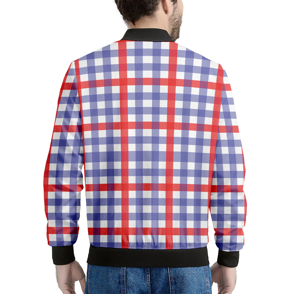 Blue Red And White Check Pattern Print Men's Bomber Jacket