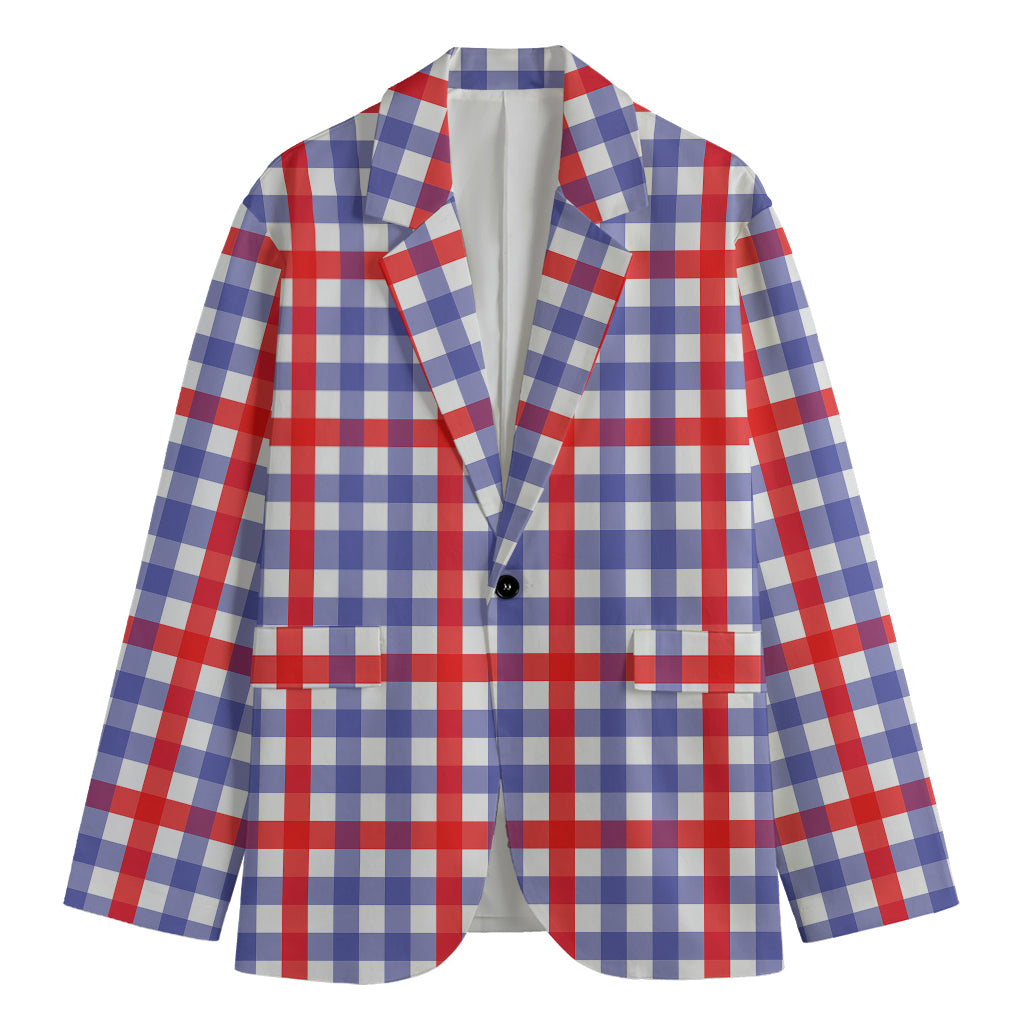 Blue Red And White Check Pattern Print Men's Cotton Blazer