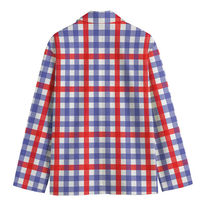 Blue Red And White Check Pattern Print Men's Cotton Blazer