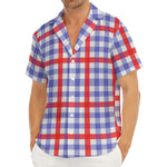 Blue Red And White Check Pattern Print Men's Deep V-Neck Shirt