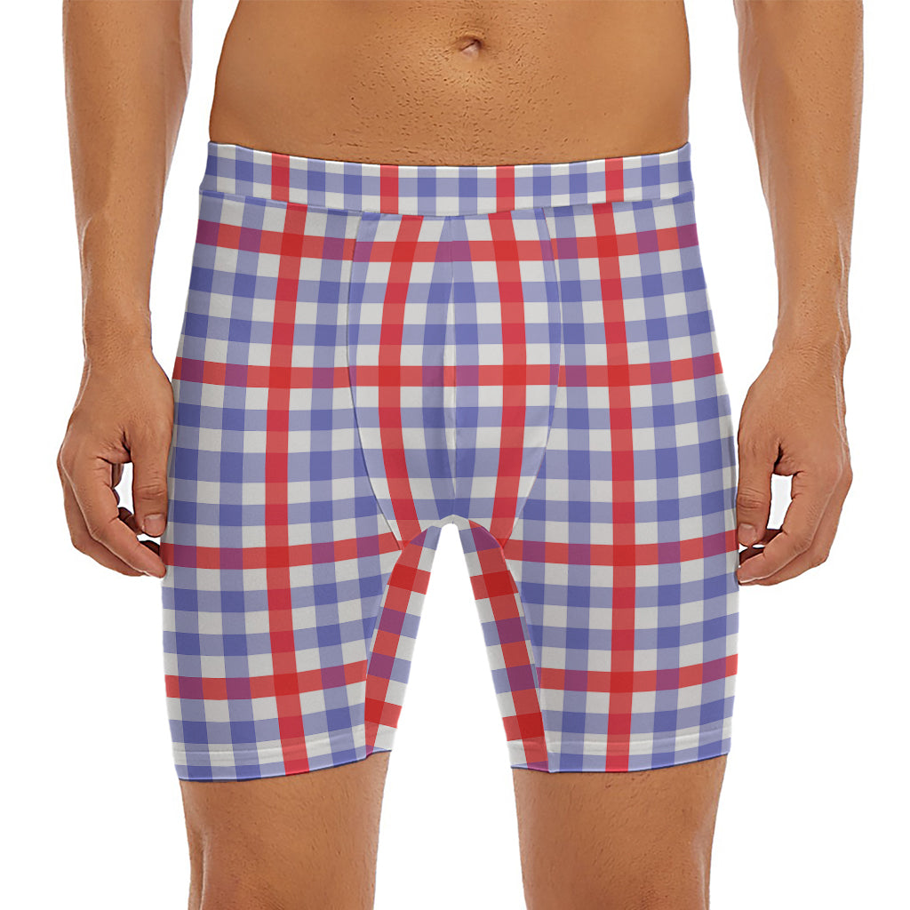 Blue Red And White Check Pattern Print Men's Long Boxer Briefs