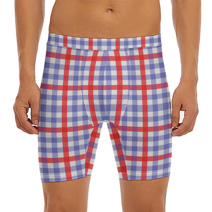 Blue Red And White Check Pattern Print Men's Long Boxer Briefs