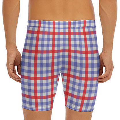 Blue Red And White Check Pattern Print Men's Long Boxer Briefs