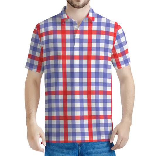 Blue Red And White Check Pattern Print Men's Polo Shirt
