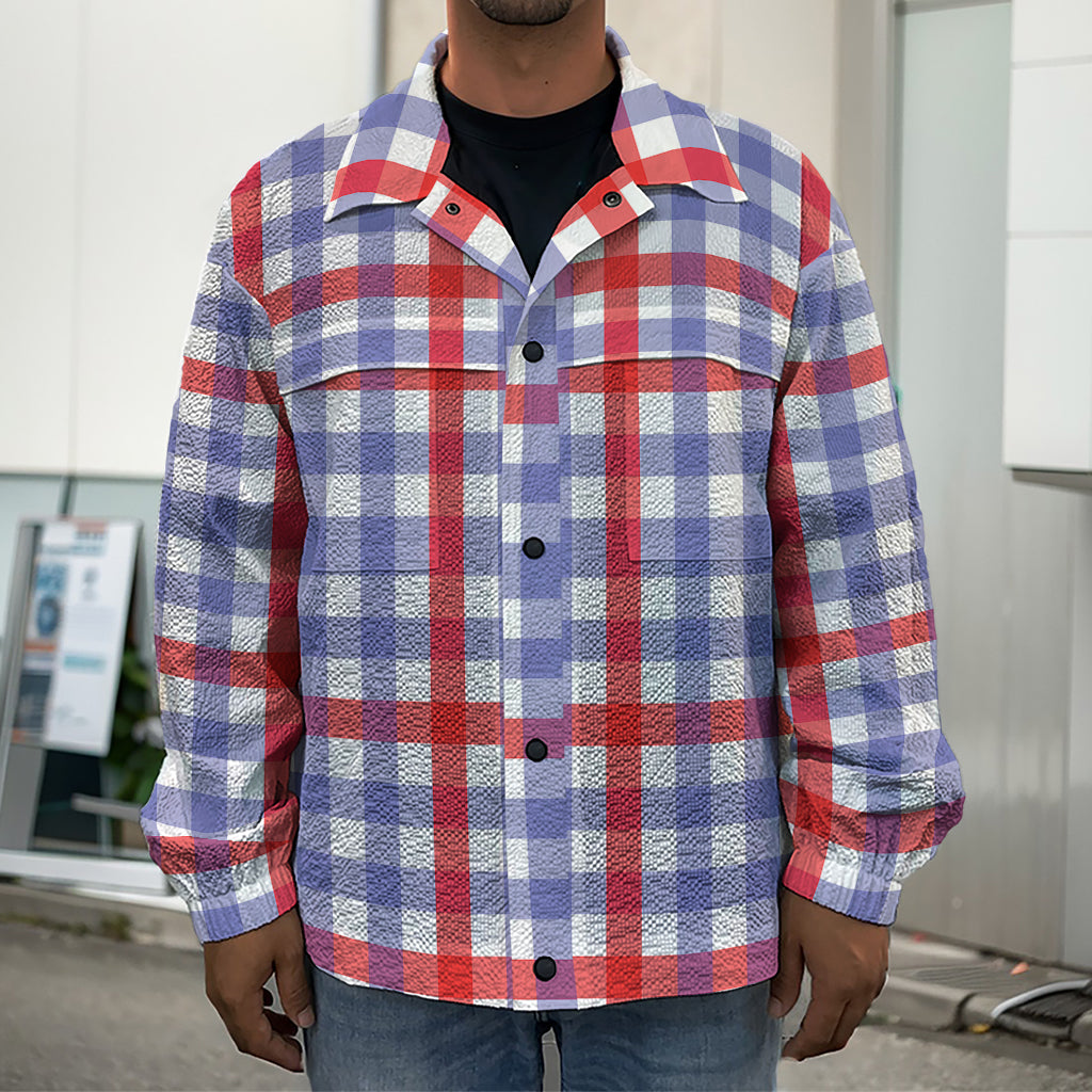 Blue Red And White Check Pattern Print Men's Shirt Jacket