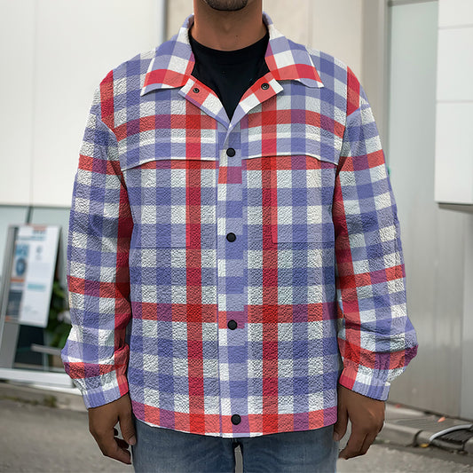 Blue Red And White Check Pattern Print Men's Shirt Jacket