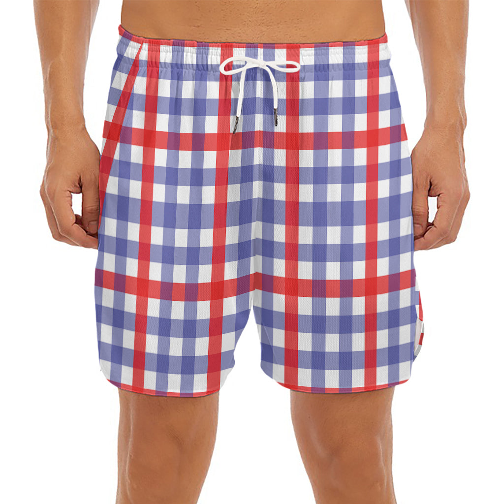 Blue Red And White Check Pattern Print Men's Split Running Shorts