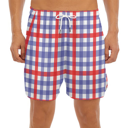 Blue Red And White Check Pattern Print Men's Split Running Shorts