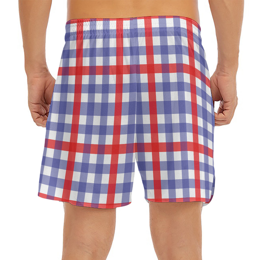 Blue Red And White Check Pattern Print Men's Split Running Shorts