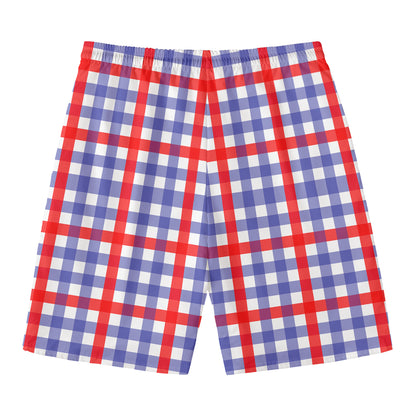 Blue Red And White Check Pattern Print Men's Swim Trunks