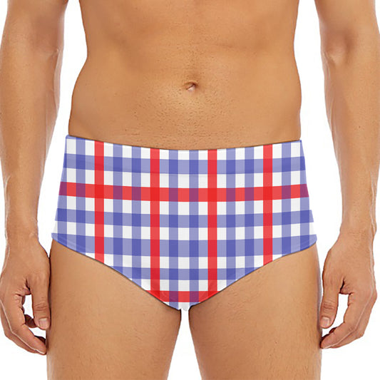 Blue Red And White Check Pattern Print Men's Triangle Swim Briefs